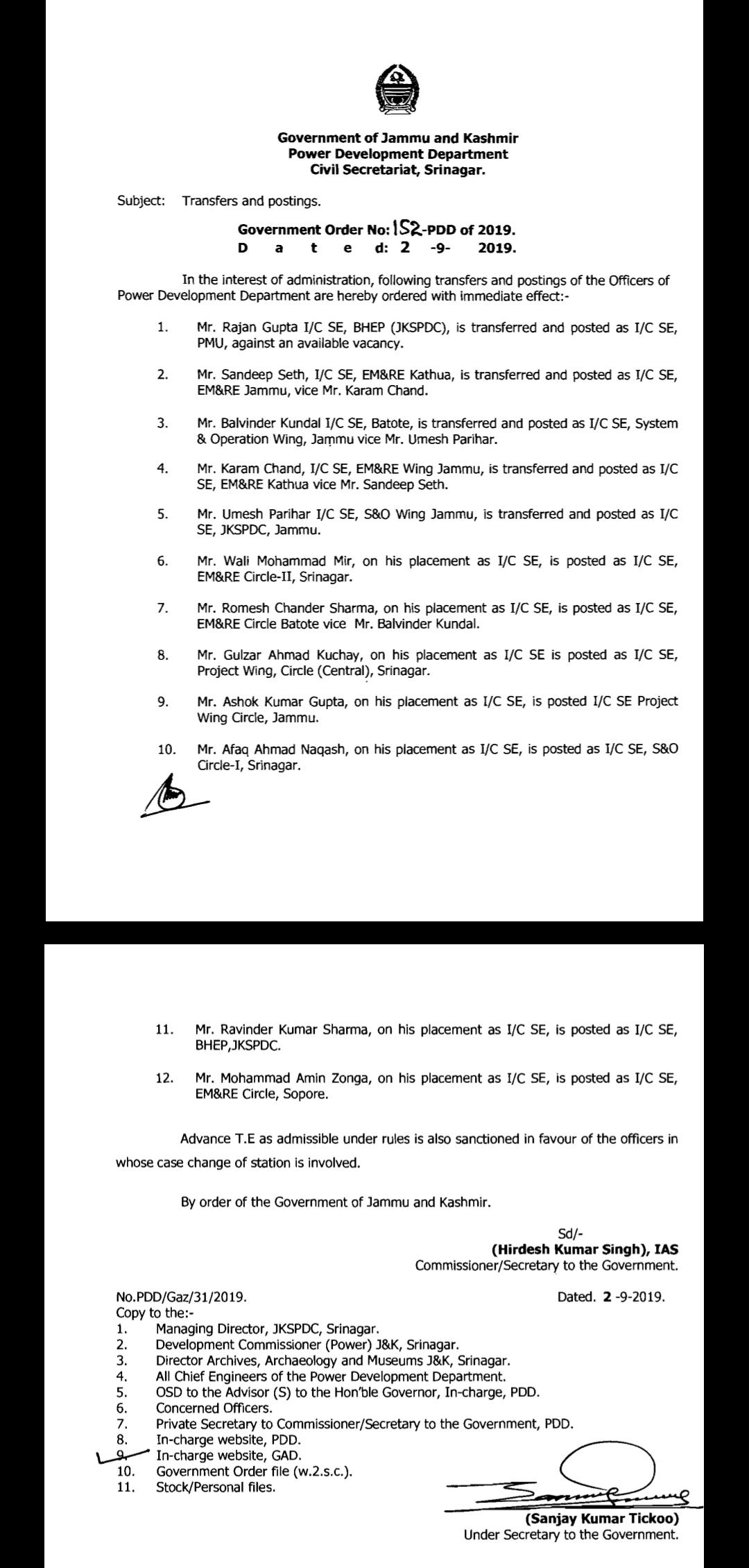 7 Xens promoted as SEs while 12 SEs reshuffuled in PDD Department 