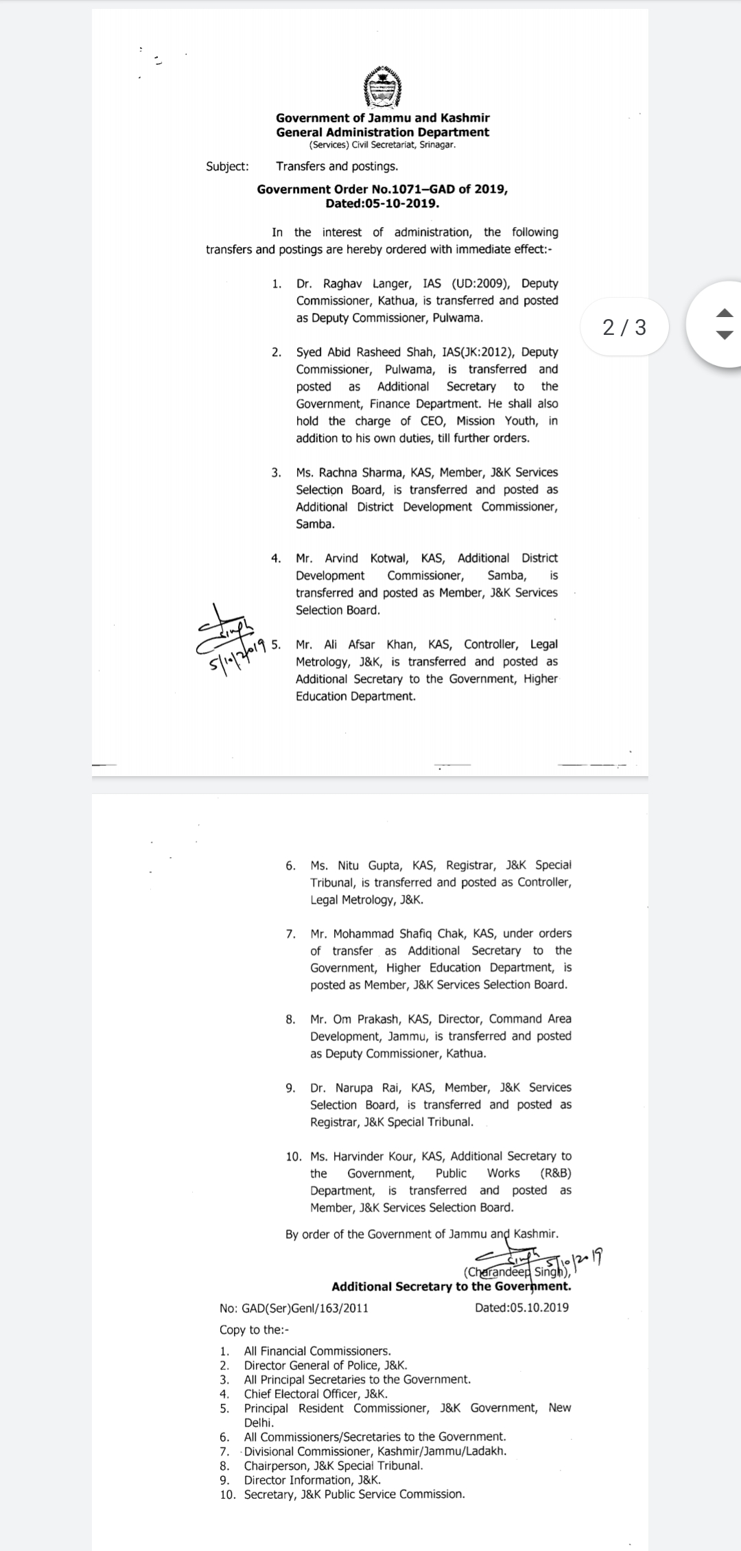 2 IAS Officers and 8 KAS Officers reshuffuled, Raghav Langer posted as DC Pulwama 