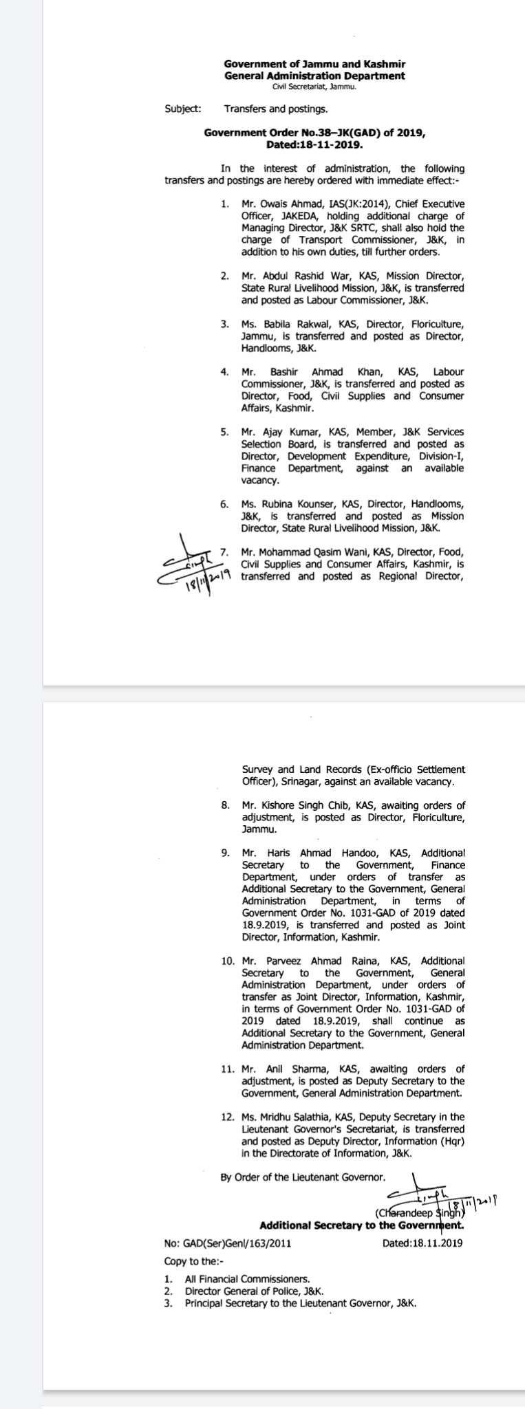Government reshuffles 1 IAS and 11 KAS officers, Owais posted as Transport Commissioner