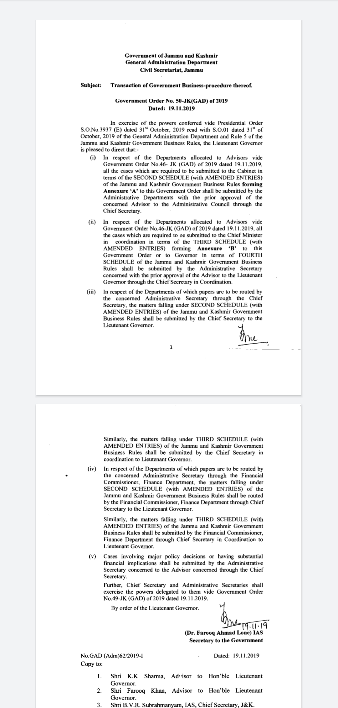 Government notifies transaction of Government Business procedure and Constitution of Administrative Council 