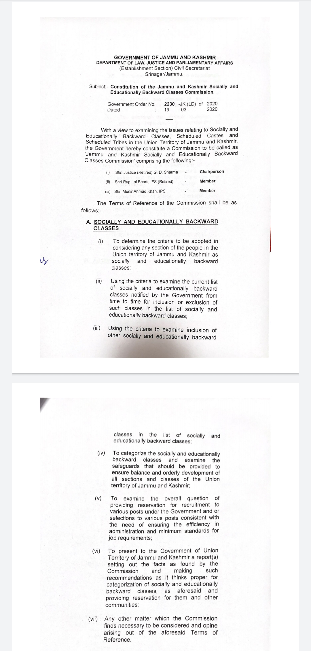 Retired Justice GD Sharma appointed Chairman, Munir Khan and RL Bharti Members of Commission for Socially and Educationally Backwards classes in J&K 