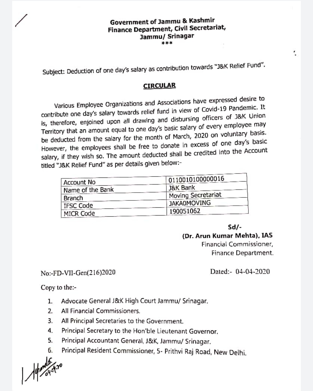All Government employees in J&K to contribute one day salary towards relief fund to fight Covid-19
