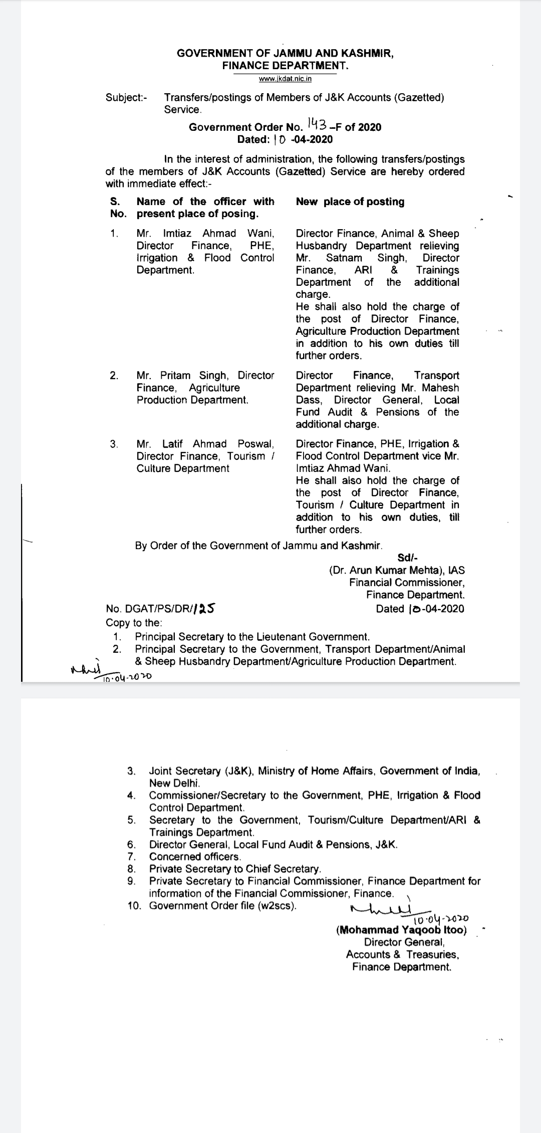 Government orders Transfers and Postings of 3 Directors of Finance Department