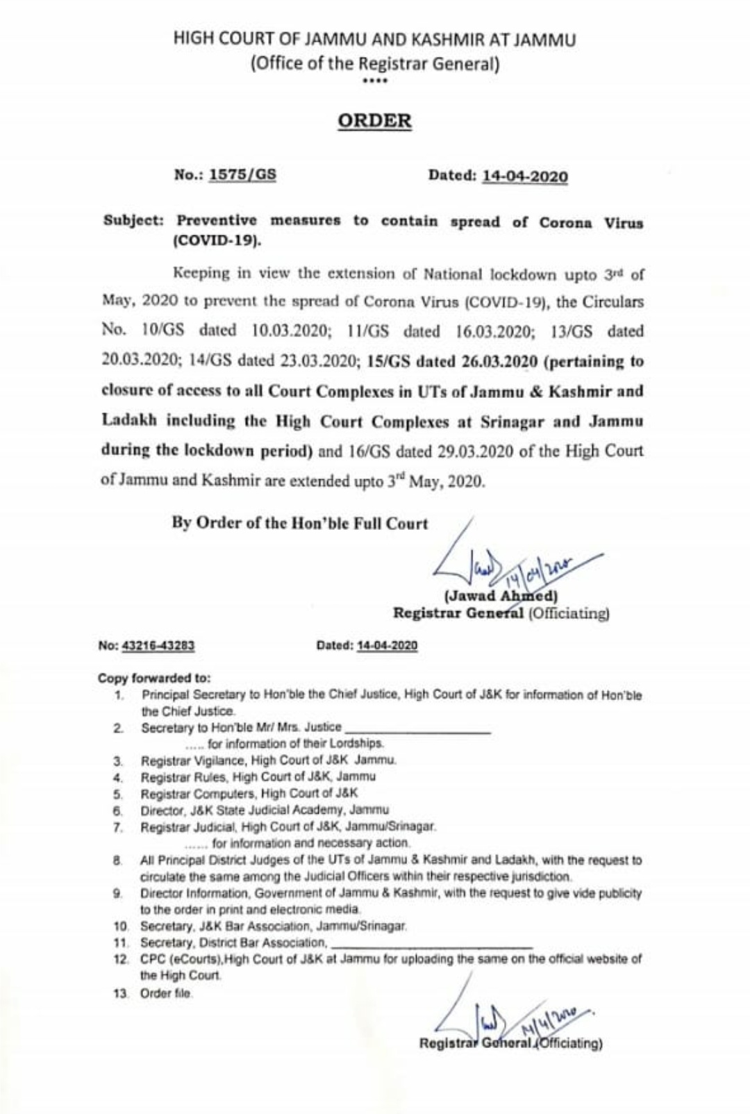 J&K High Court orders closure of access to all Court complexes in J&K, Ladakh till 3rd May