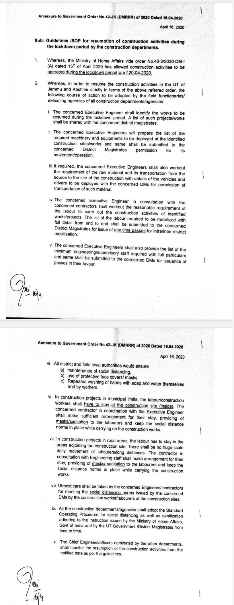 J&K Government issues guidelines for resumption of construction activities in Cities and Rural areas 