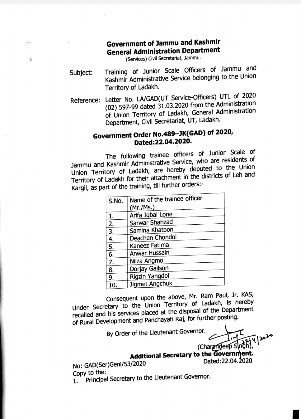 10 junior scale KAS officers deputed to Ladakh UT