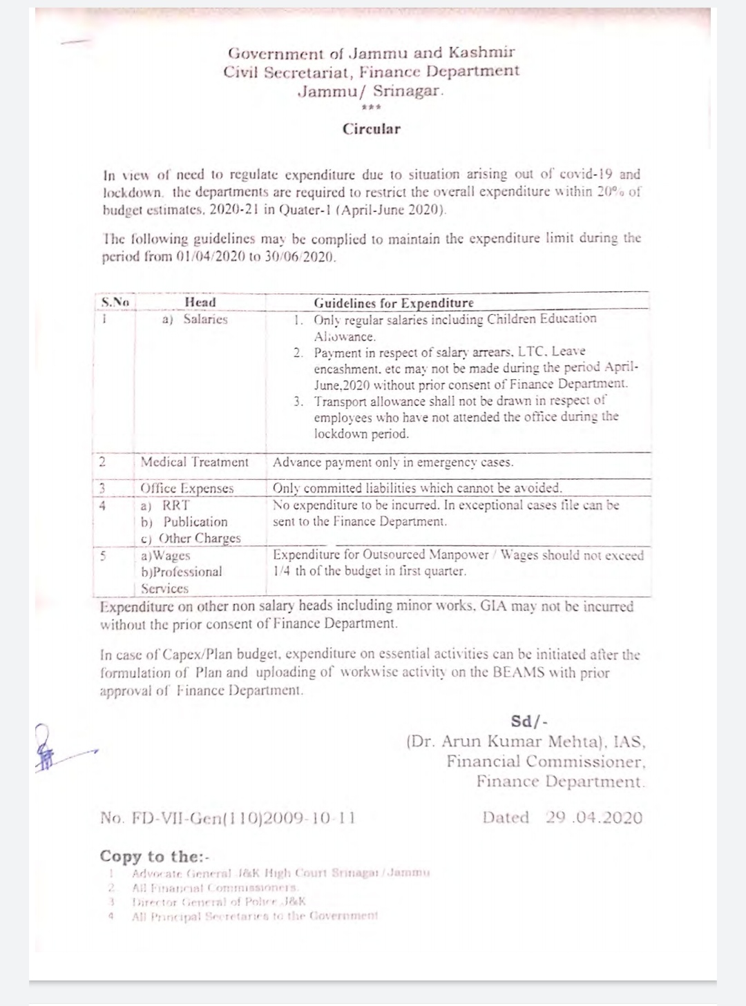 Covid-19 : J&K Finance Department issues strict guidelines to restrict expenditure of Government departments