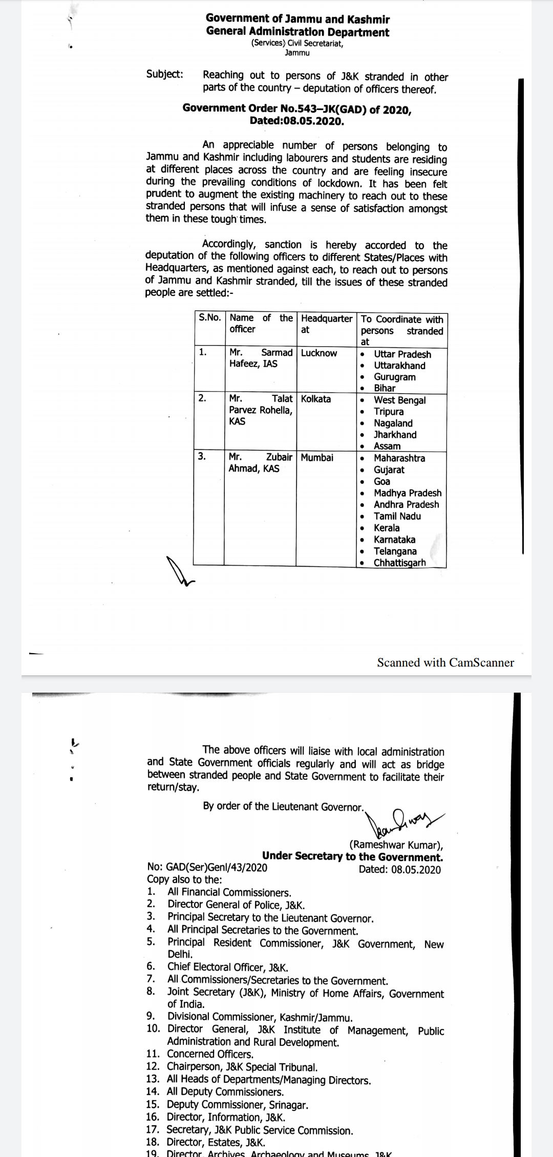 J&K Government deputes officers in UP, West Bengal and Maharashtra to bring back Stranded persons