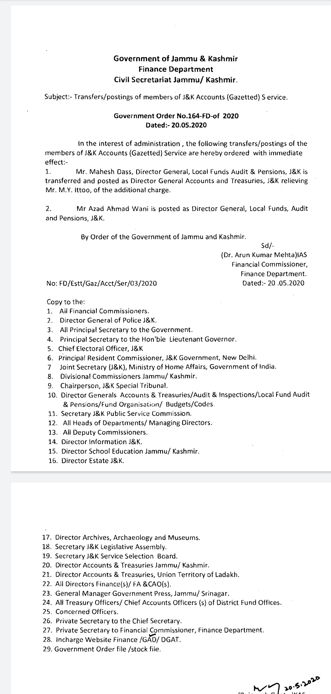 Mahesh Dass posted as DG Accounts and Treasuries, Ajaz wani posted to Audit and Pension 