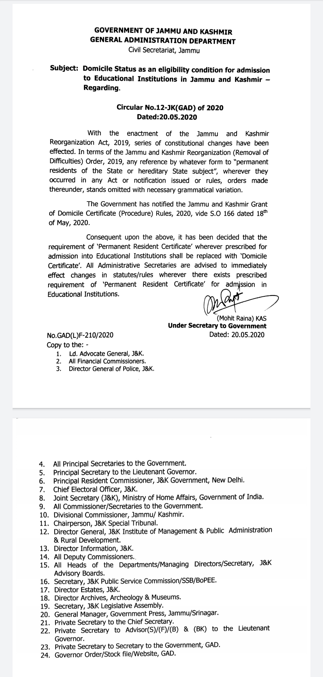 Domicile mandatory for Admission in Educational Institutes in J&K, appearance in BOPEE Exams