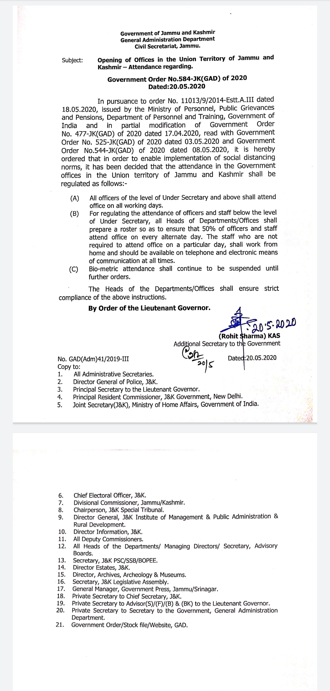 J&K Government orders 50% employees attendance below under Secretary level 