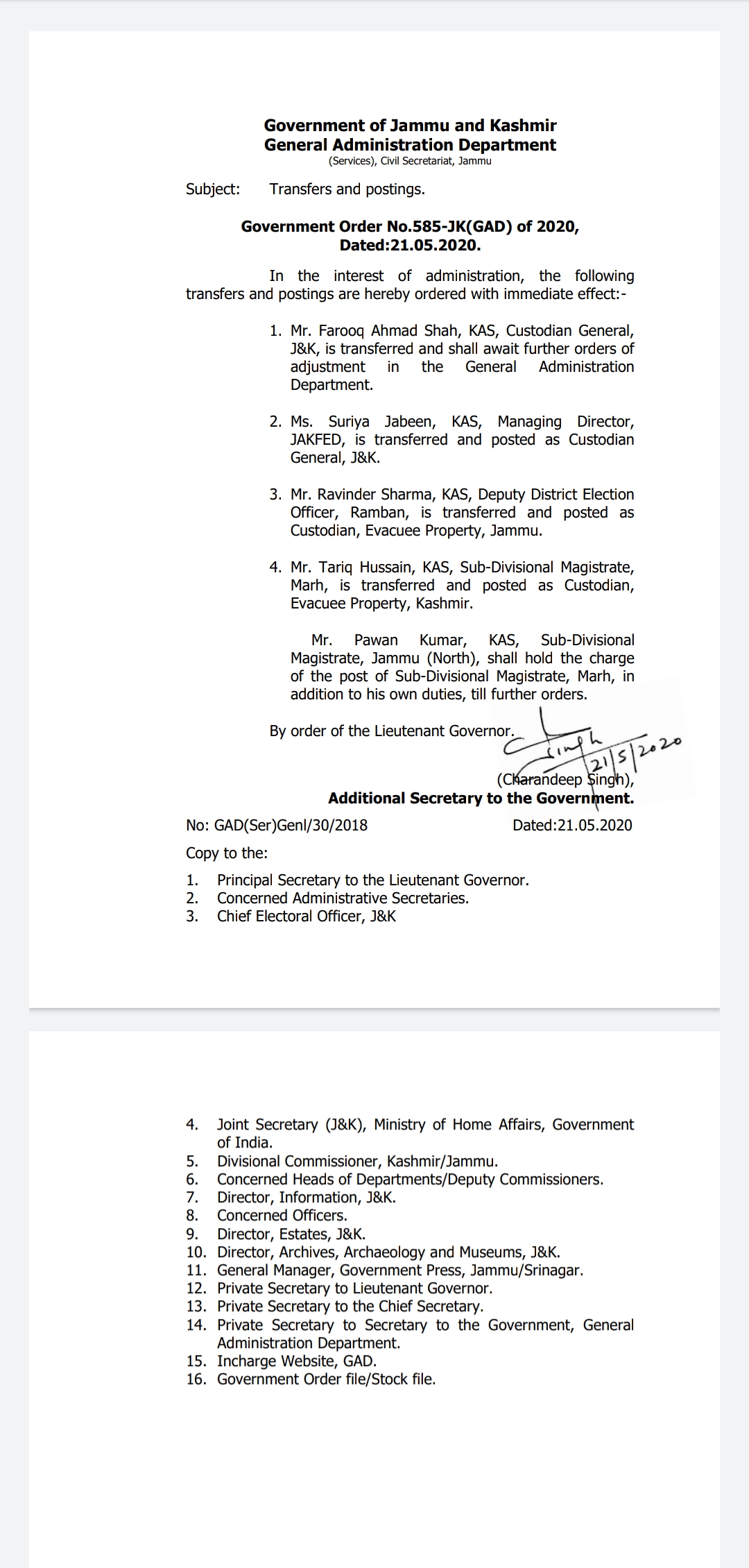 Government orders Transfers and Postings of 4 KAS Officers
