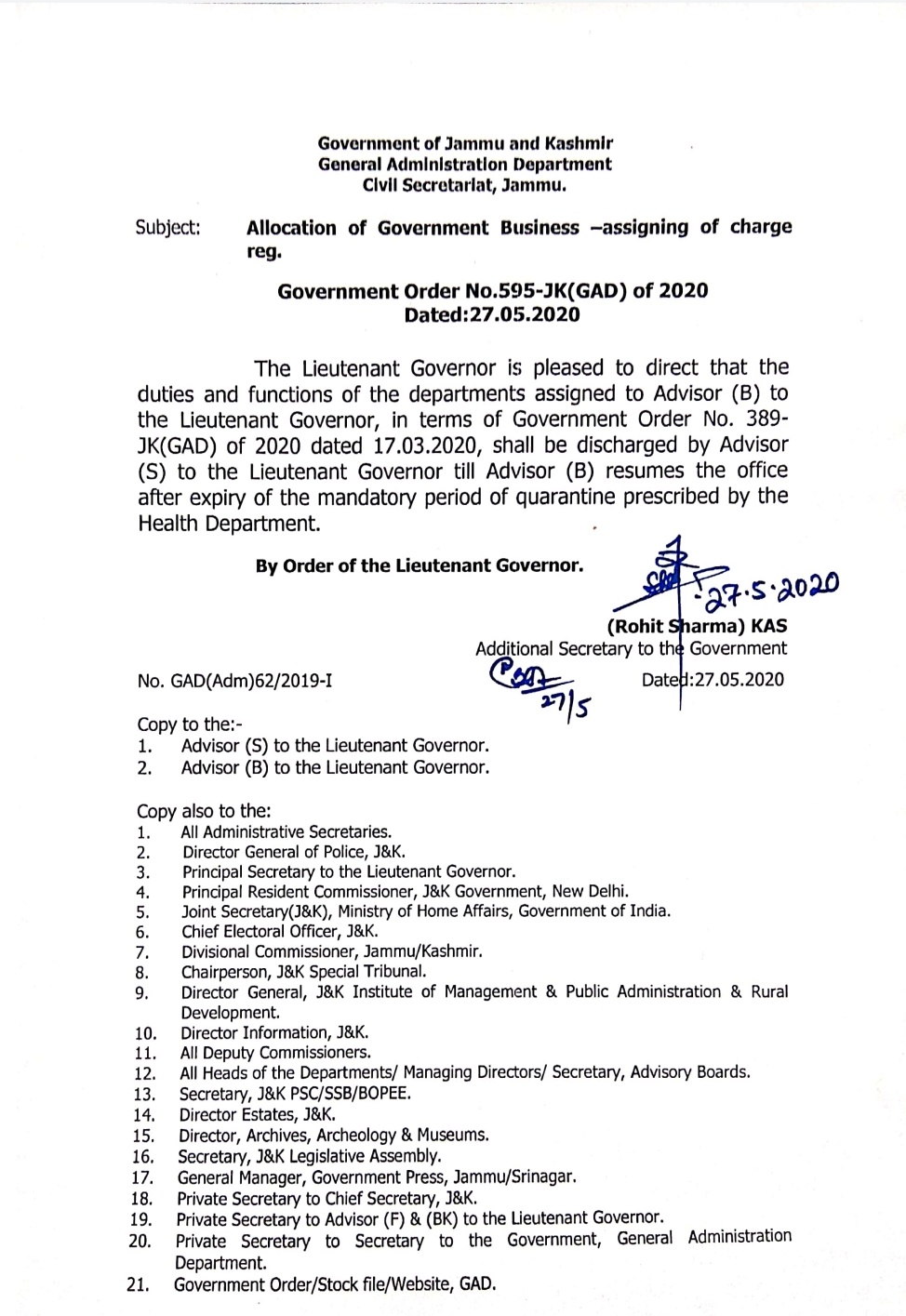 With Advisor Bhatnagar under Quarantine, Advisor Sharma to look after his Departments 