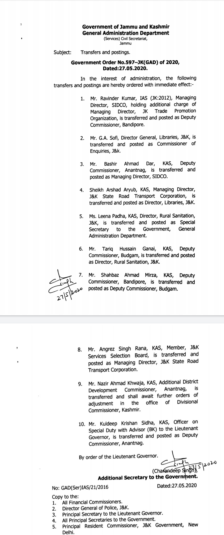 J&K Government orders Transfers and Postings of 1 IAS among 10 officers 