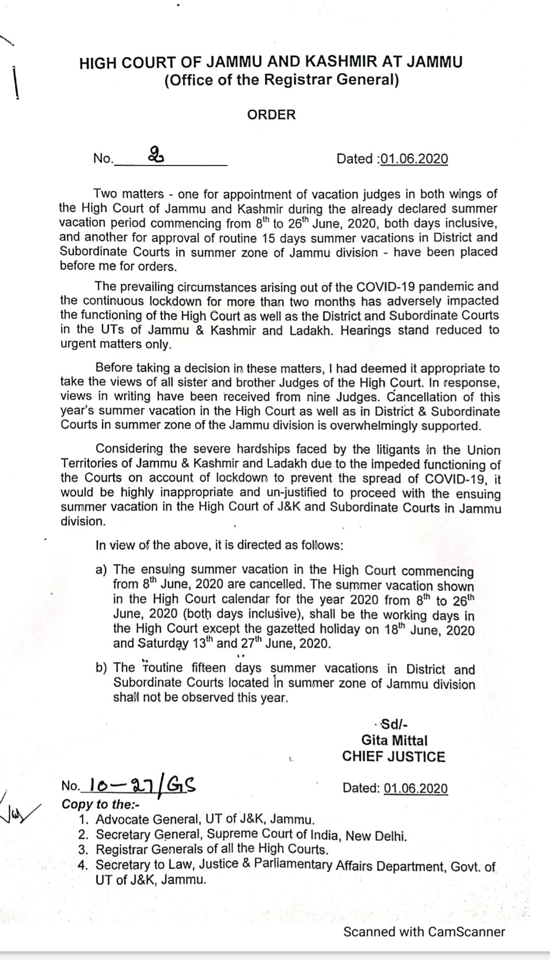 J&K High Court cancels Summer Vacations for High Court and Subordinate Courts