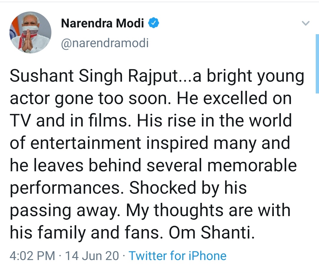 Actor Sushant Singh Rajput dies at 34, PM Modi, Bollywood Superstars offer Condolences