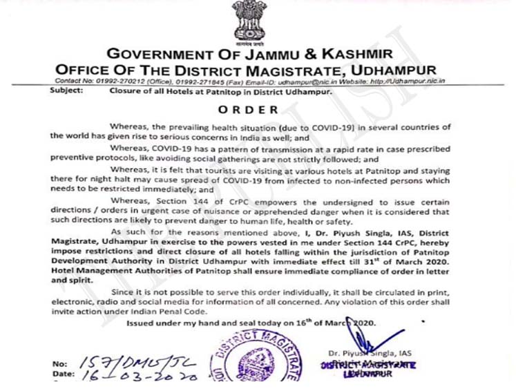 District administration Udhampur orders closure of all hotels at Patnitop tourist resort