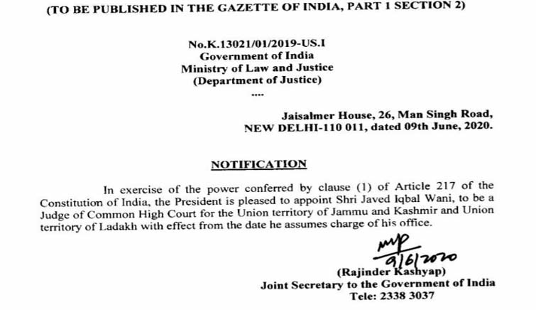 Centre Notifies The Appointment Of Advocate Javed Iqbal Wani As Judge Of J&K HC