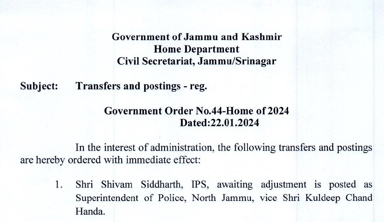 Government orders transfers and postings of 33 SPs in JKP