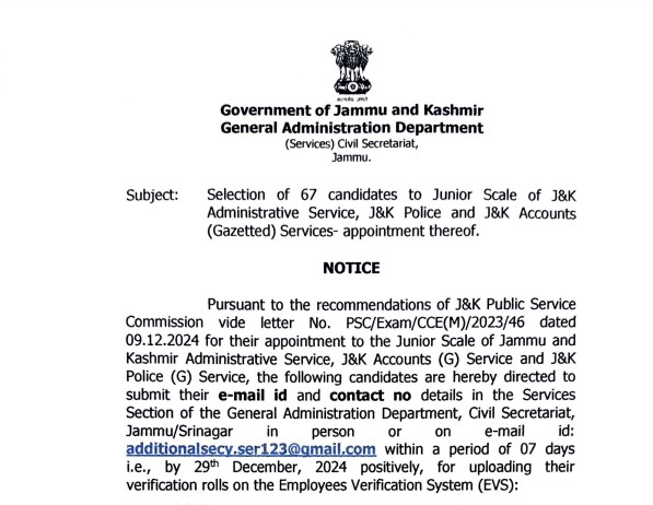 Selection of 67 Candidates to Junior Scale of JK Administrative Service JK Police and JK Accounts Gazetted Services