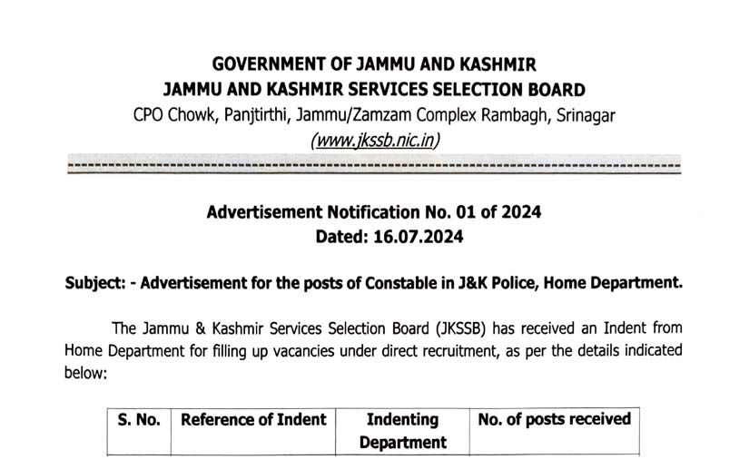 Government issues recruitment notification for 4002constables in JKP