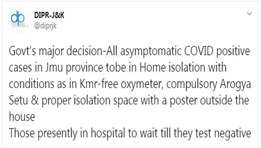 All asymptomatic COVID19 positive patients in Jammu to be under home isolation: JK adm