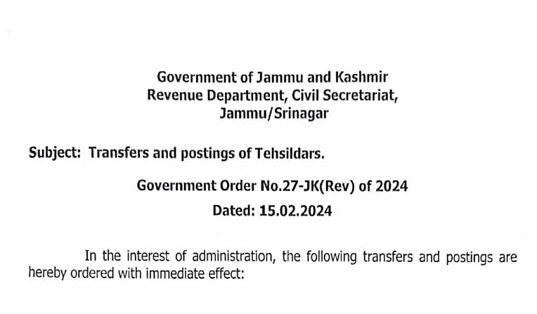 J&K Government orders Transfers and Postings of Tehsildars