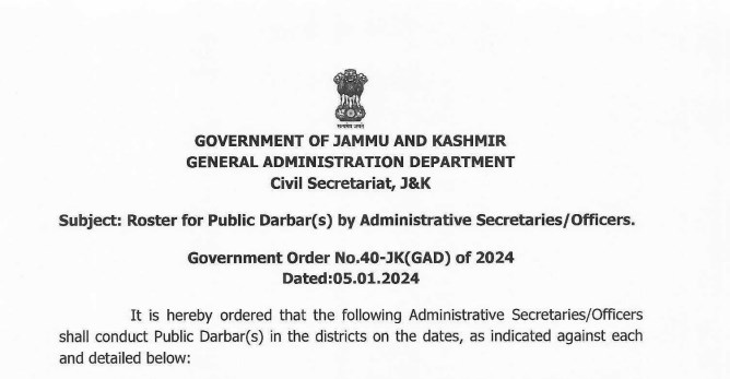 Roster for Public Darbars by Administrative Secretaries/Officers