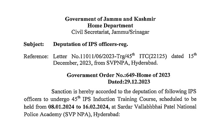 Government sanctions deputation of newly inducted KPS officers to National Pooice academy for training