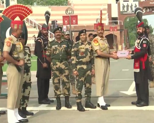 BSF, Pakistan Rangers exchange sweets at Attari-Wagah border on occasion of Eid Al-Adha