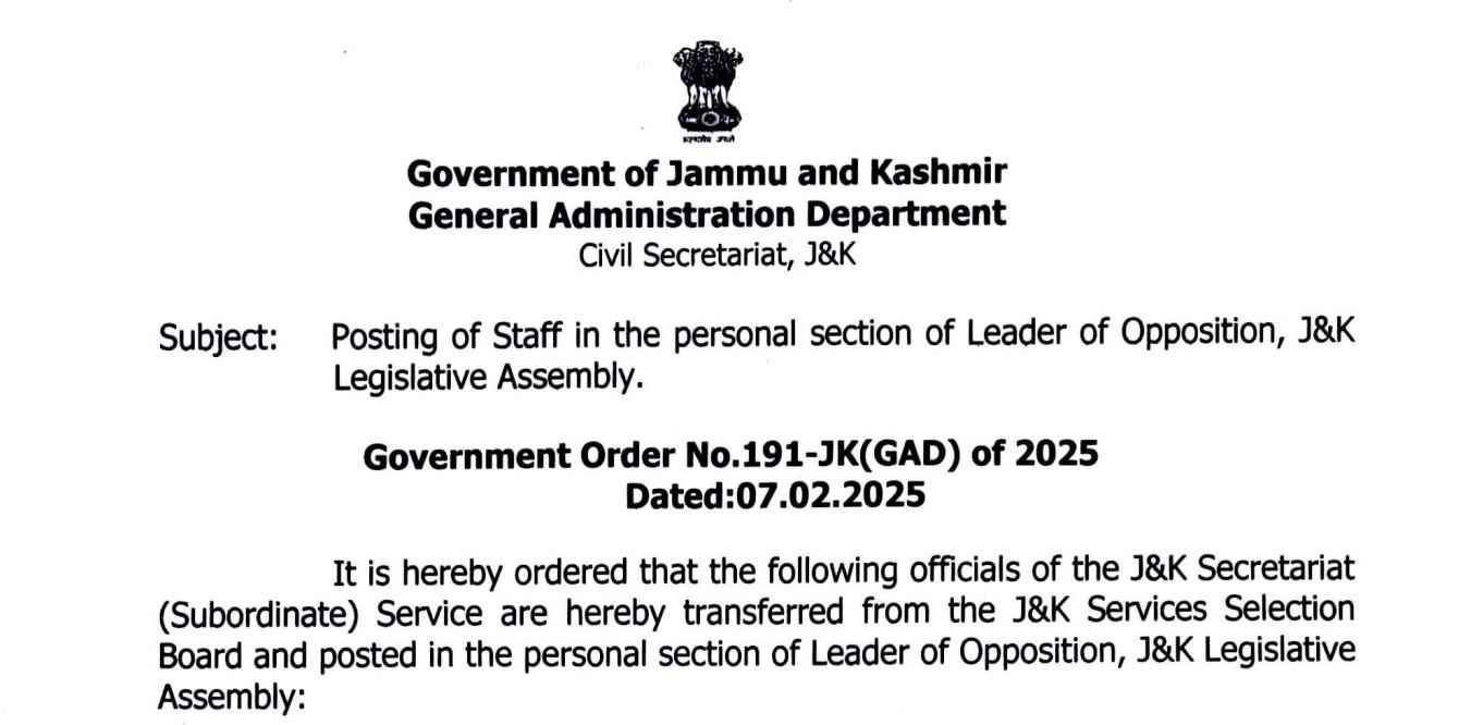 Posting of Staff in the personal section of Leader of opposition J&K Legislative Assembly