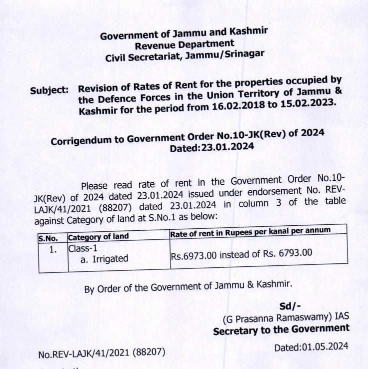 Revision of Rent for the properties occupied by the Defence Forces in the UT of J&K