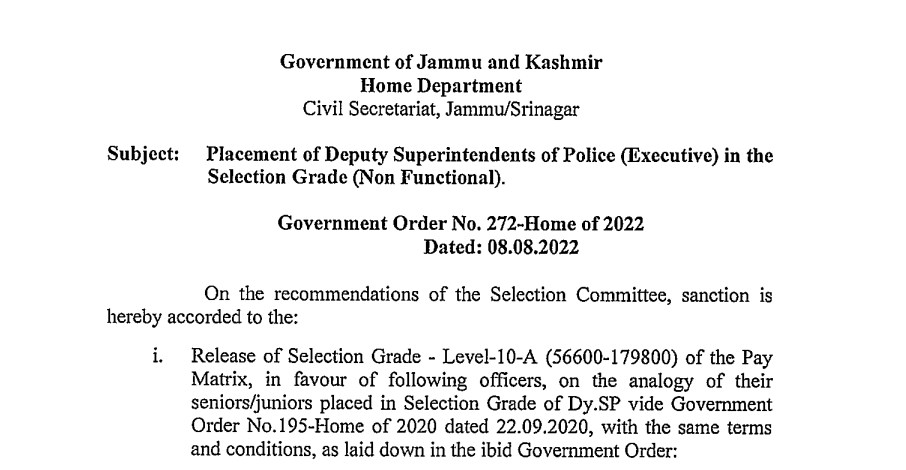 J&K Home Deptt Placement of Dy SPs (Executive) in the Selection Grade (Non Functional)