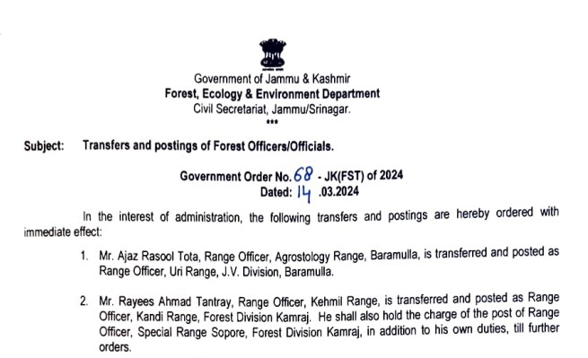J&K Forest Department transfers 159 Range Officers, officials