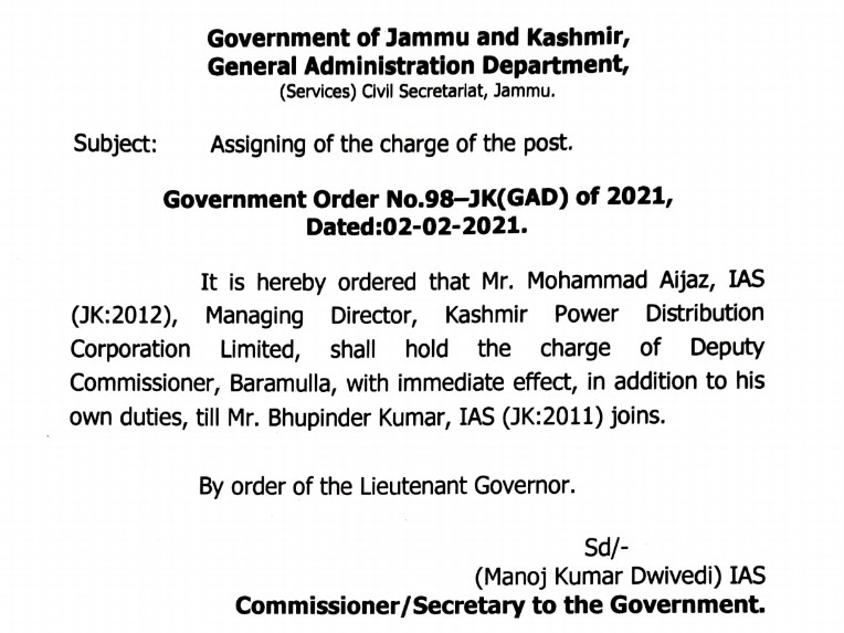MD KPDCL to hold additional charge of DC Baramulla