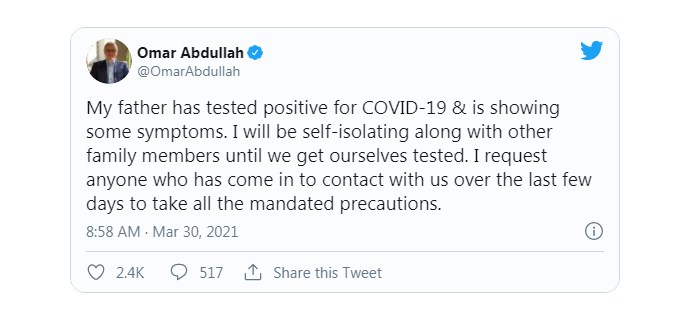 Farooq Abdullah tests positive for Covid-19, showing symptoms, tweets son Omar Abdullah