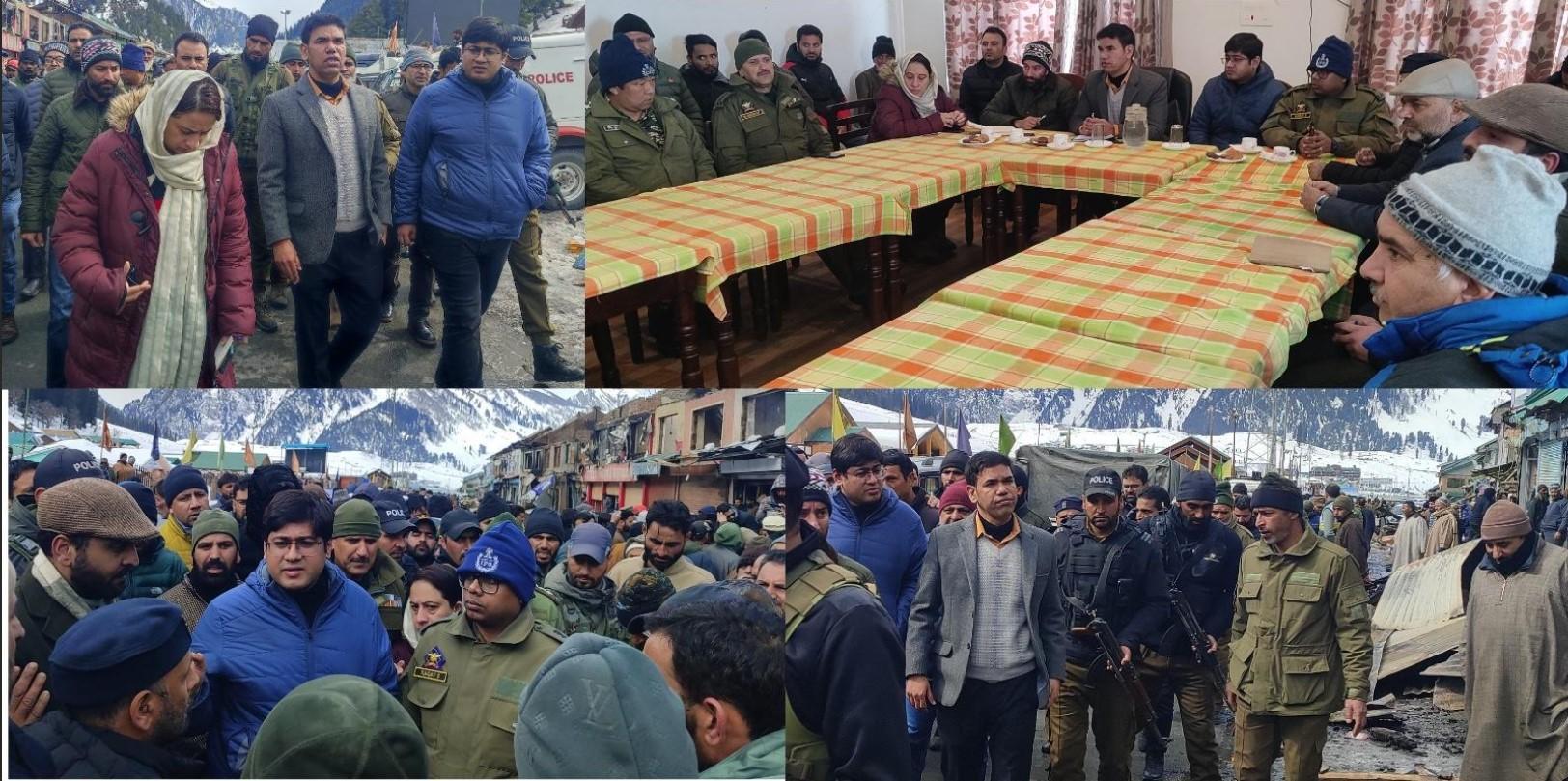 Fire incident at Sonamarg: MLA Kangan, Div Com Kashmir, DC Ganderbal visit spot, assess damages