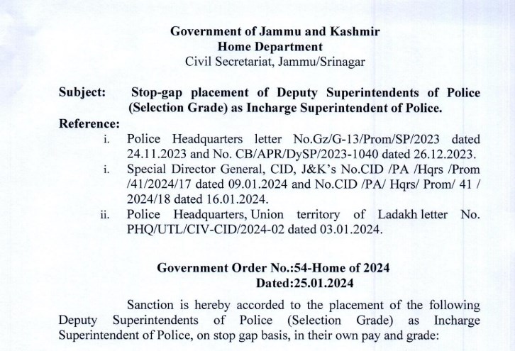 Government orders promotion of 27 DySPs as SPs in JKP