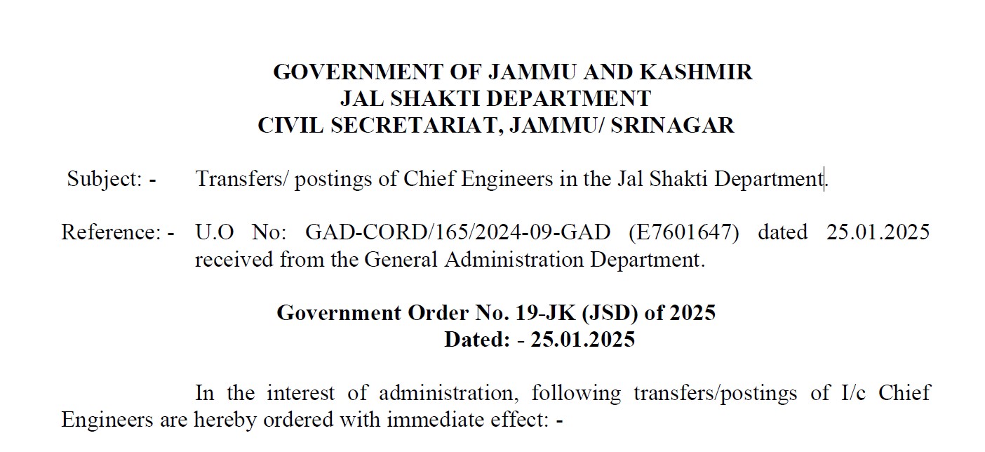 Transfers and postings of Chief Engineers in the Jal Shakti Department