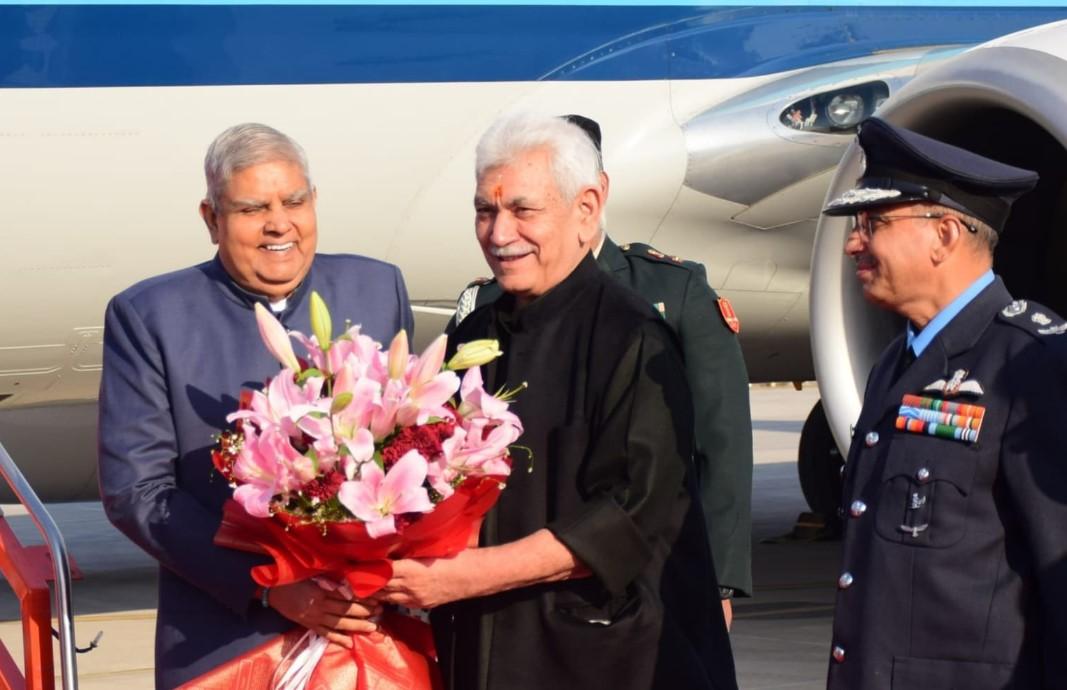 Jammu Kashmir LG receives Vice President at Jammu airport