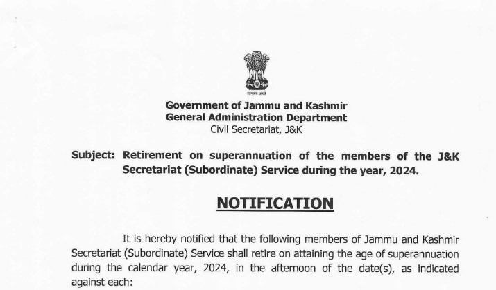 Retirement on superannuation of the members of the J&K Secretariat Subordinate Service during the year 2024