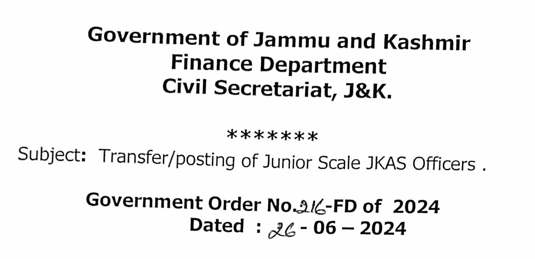 Govt. orders transfer/postings of 17 junior scale JKAS officers