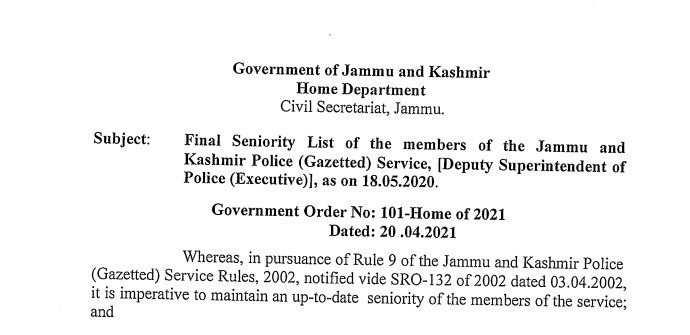 Final Seniority List of the members of the J&K Police (Gazetted) Service, [Deputy Superintendent of Police (Executive)], as on 18.05.2020
