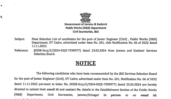 Final Selection List of candidates for the post of Junior Engineer Civil Public Works R and B Department UT Cadre