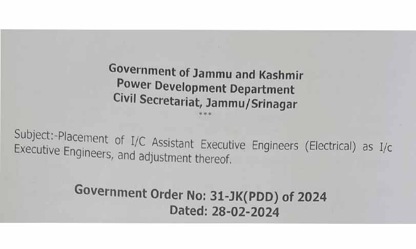 Government orders promotions of AEEs as Xens in JKPDD deptt