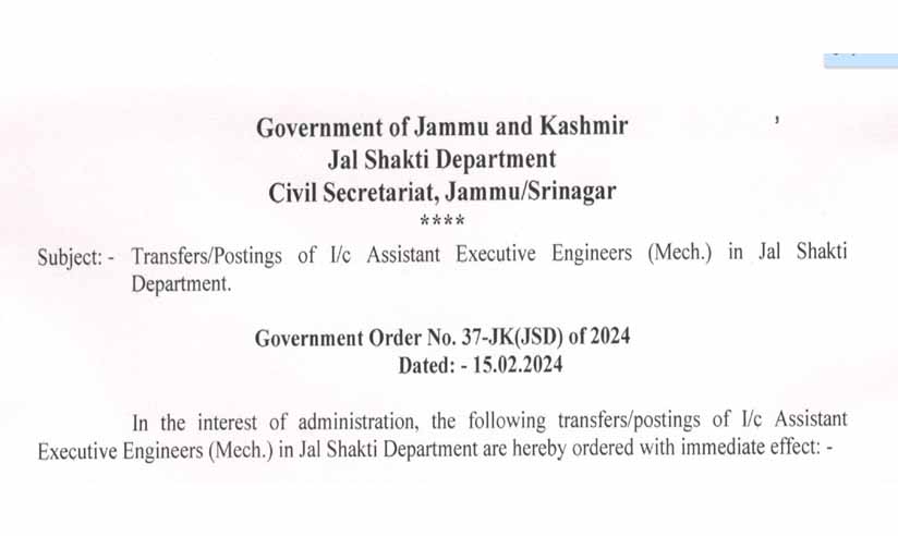 Jal Shakti deptt Transfers/Postings of  Assistant Executive Engineers (Mech) 