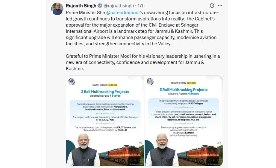 Landmark step for J&K: Rajnath Singh hails Cabinet approval of Srinagar Airport expansion
