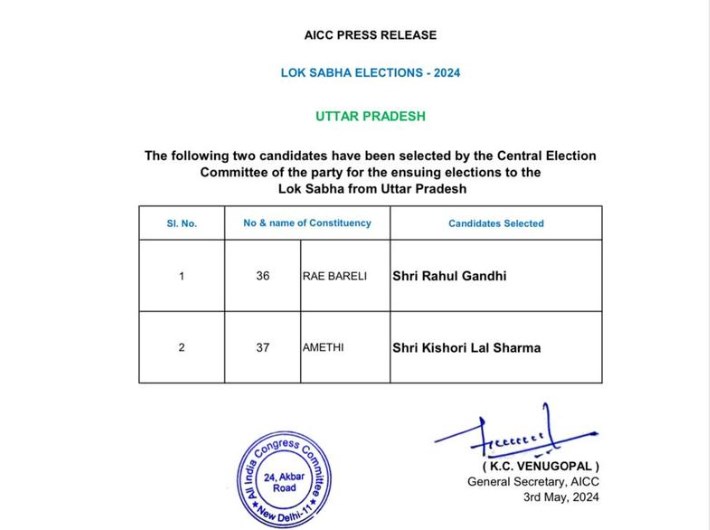 Lok Sabha Elections 2024: Rahul Gandhi to contest from Rae Bareli, Sonia's loyalist KL Sharma from Amethi