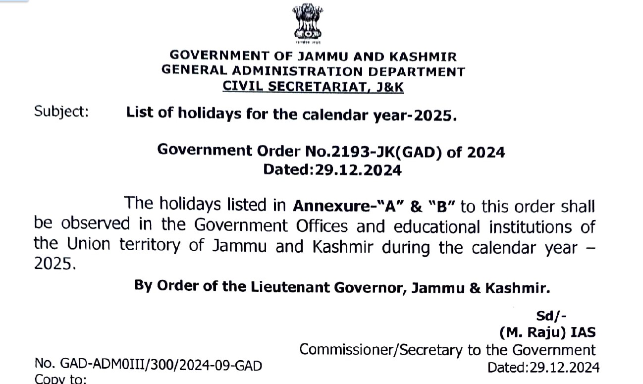 J&K Government issues list of Holidays for the Year-2025