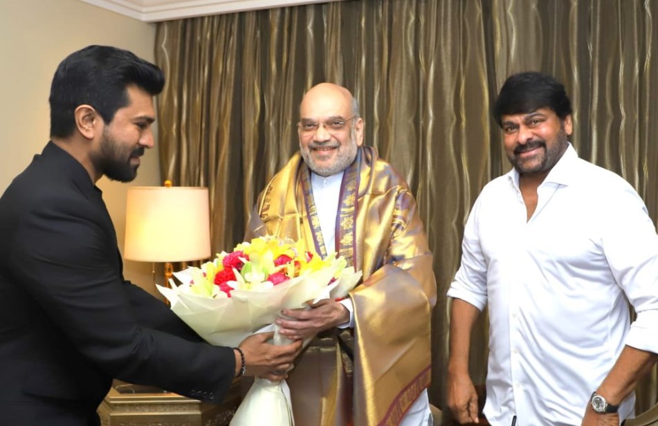 Amit Shah meets RRR fame actor Ram Charan and his father Chiranjeevi, congratulates them on Oscar win